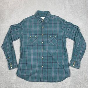 VTG Ryan Michael Mens L Teal Blue Plaid Western Snap Long Sleeve Cotton Shirt